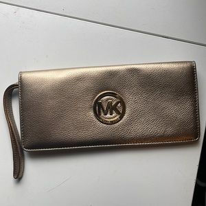 Michael Kors bronze leather Fulton wallet wristlet clutch